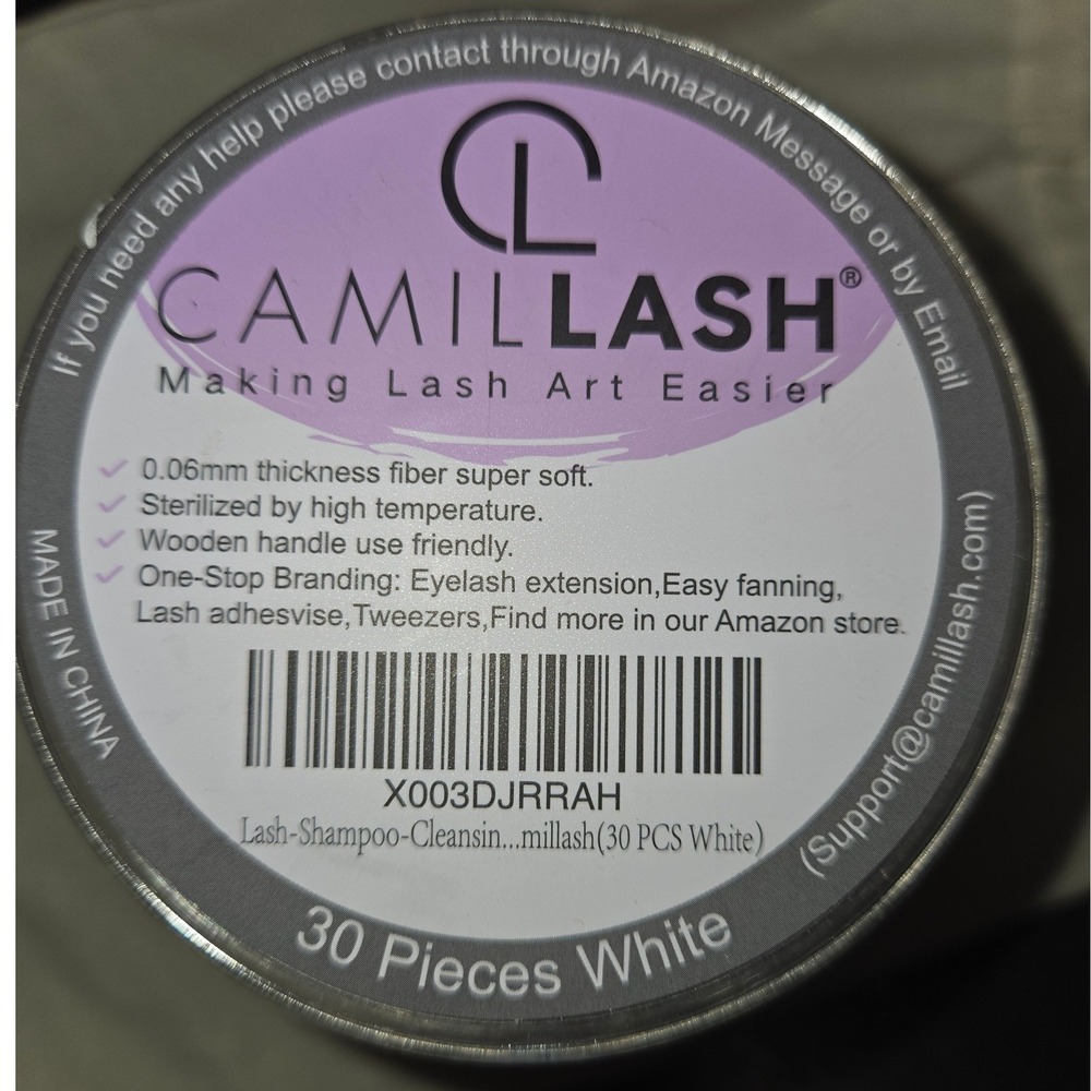 CamilLash Lash Extension Shampoo Cleansing Brushes 30 Count White Wooden Handle